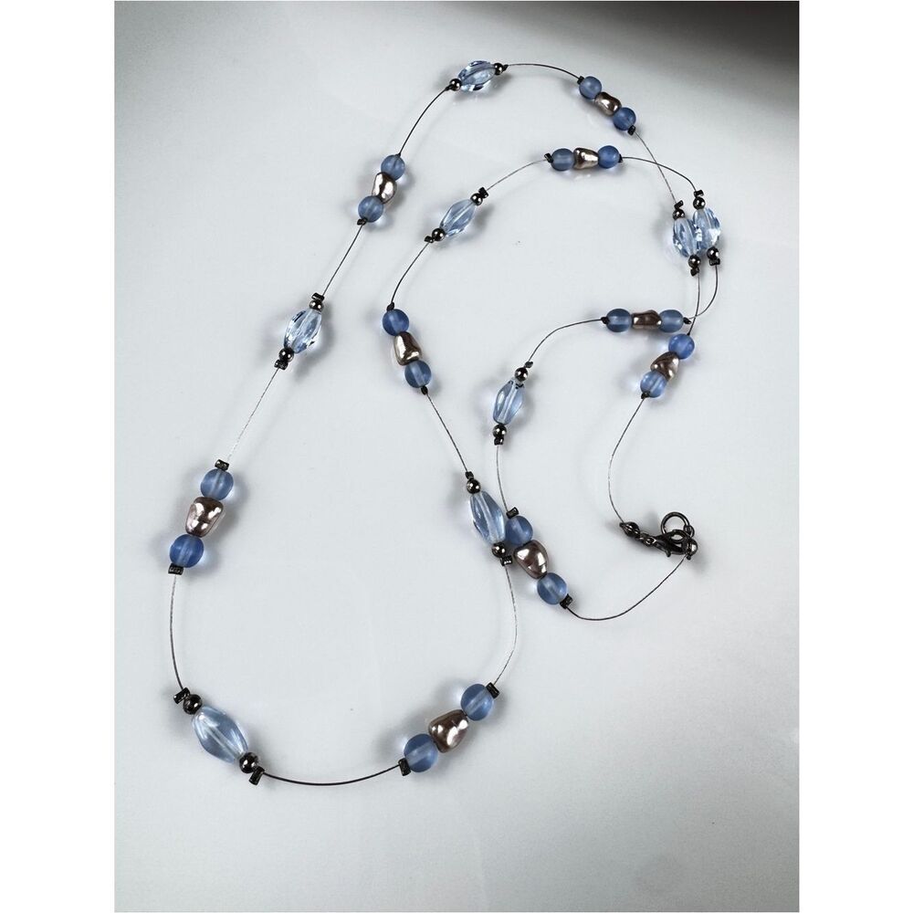 Blue Glass Bead Necklace with Fresh Water Pearls